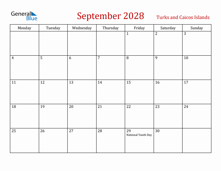 Turks and Caicos Islands September 2028 Calendar - Monday Start