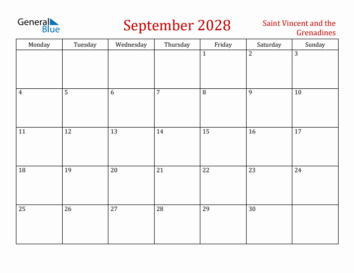 Saint Vincent and the Grenadines September 2028 Calendar - Monday Start