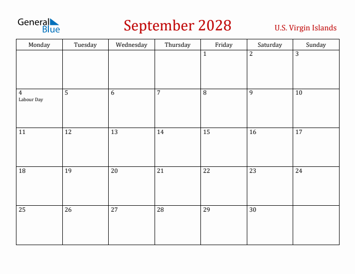 U.S. Virgin Islands September 2028 Calendar - Monday Start
