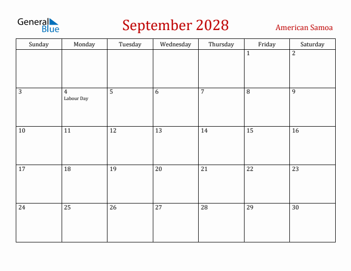 American Samoa September 2028 Calendar - Sunday Start