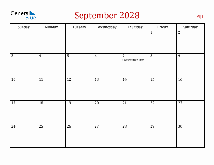 Fiji September 2028 Calendar - Sunday Start