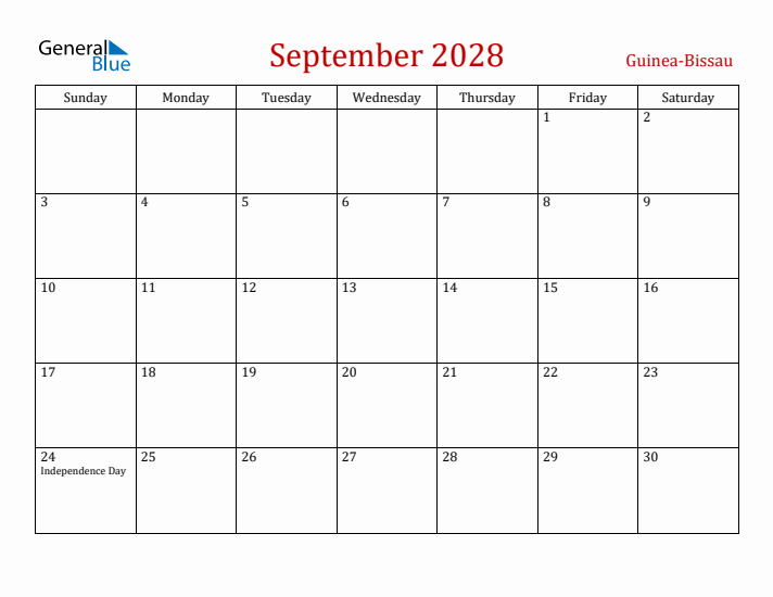 Guinea-Bissau September 2028 Calendar - Sunday Start