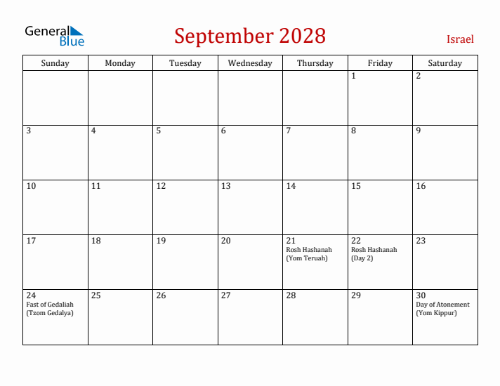 Israel September 2028 Calendar - Sunday Start