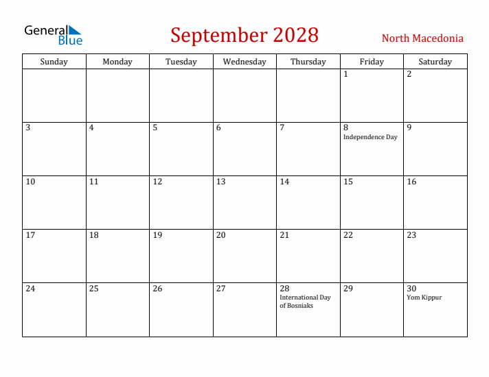 North Macedonia September 2028 Calendar - Sunday Start