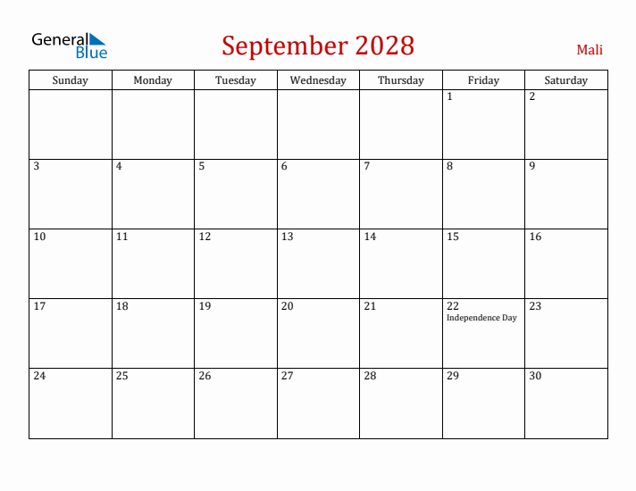 Mali September 2028 Calendar - Sunday Start