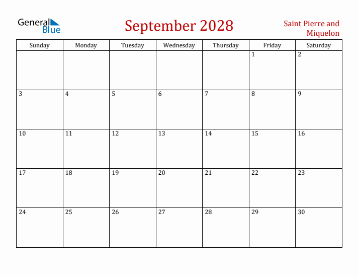 Saint Pierre and Miquelon September 2028 Calendar - Sunday Start