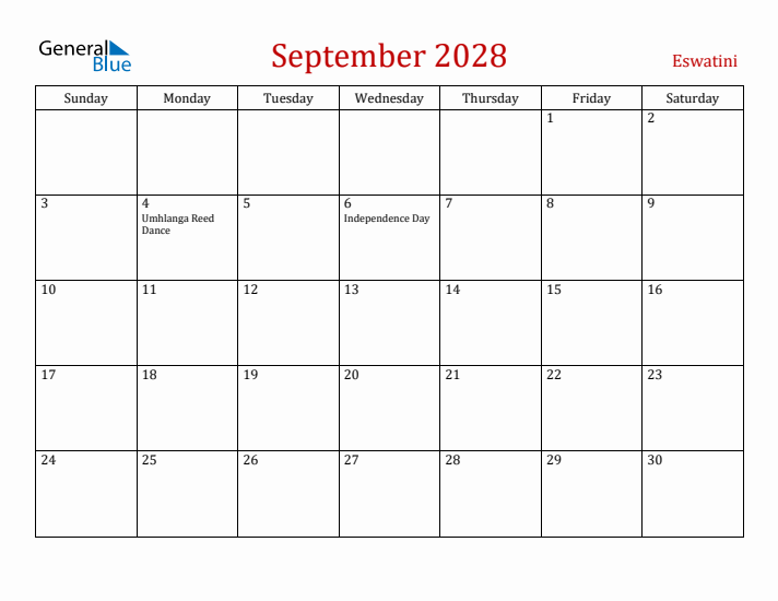 Eswatini September 2028 Calendar - Sunday Start