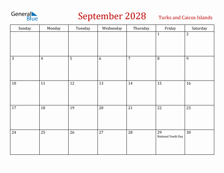 Turks and Caicos Islands September 2028 Calendar - Sunday Start