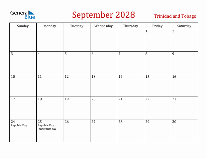 Trinidad and Tobago September 2028 Calendar - Sunday Start