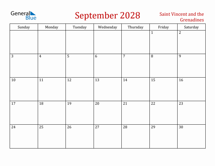 Saint Vincent and the Grenadines September 2028 Calendar - Sunday Start