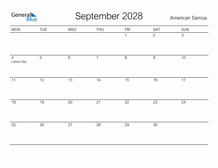 Printable September 2028 Calendar for American Samoa