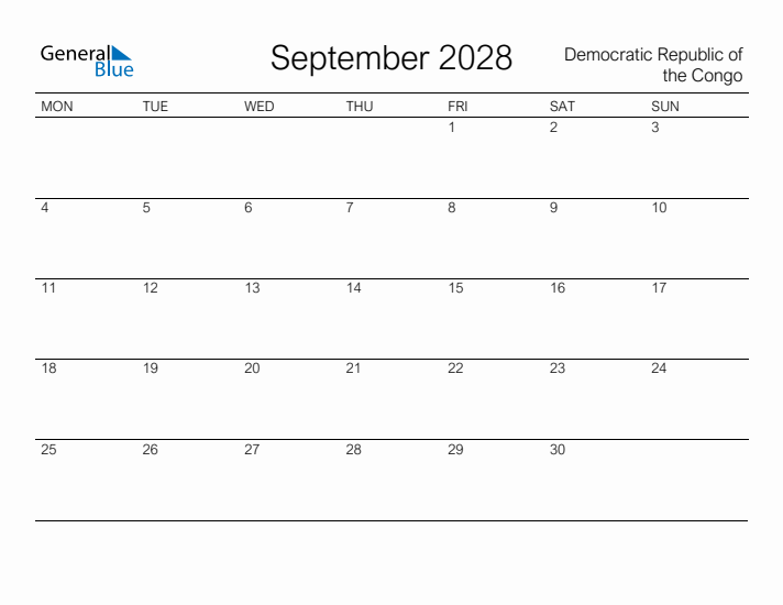 Printable September 2028 Calendar for Democratic Republic of the Congo