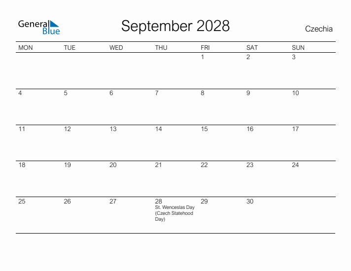Printable September 2028 Calendar for Czechia