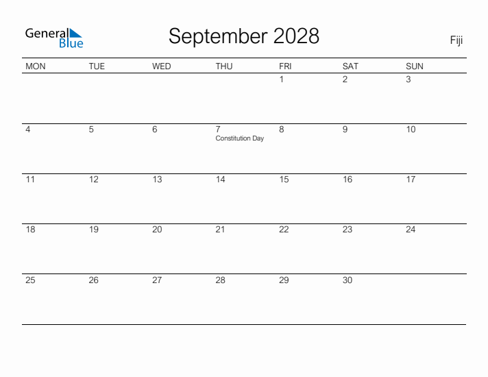 Printable September 2028 Calendar for Fiji