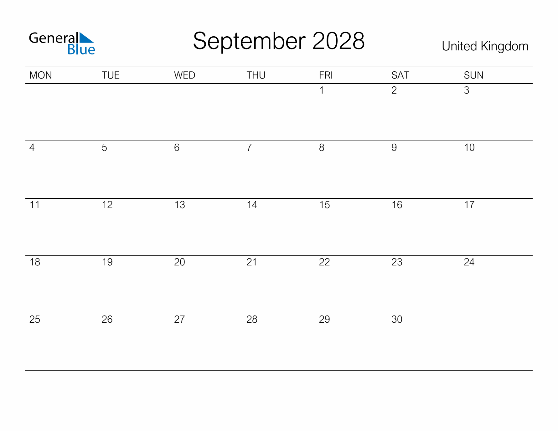 Printable September 2028 Calendar for United Kingdom