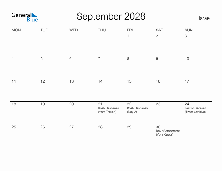 Printable September 2028 Calendar for Israel