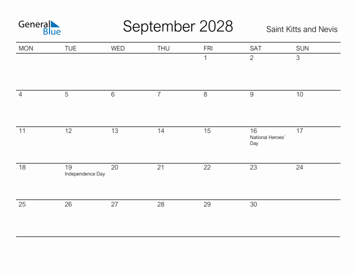 Printable September 2028 Calendar for Saint Kitts and Nevis