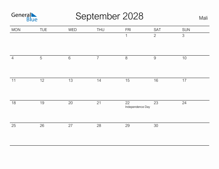 Printable September 2028 Calendar for Mali