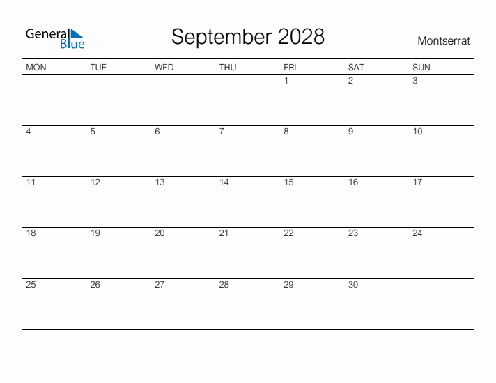 Printable September 2028 Calendar for Montserrat