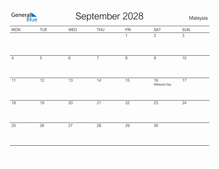 Printable September 2028 Calendar for Malaysia