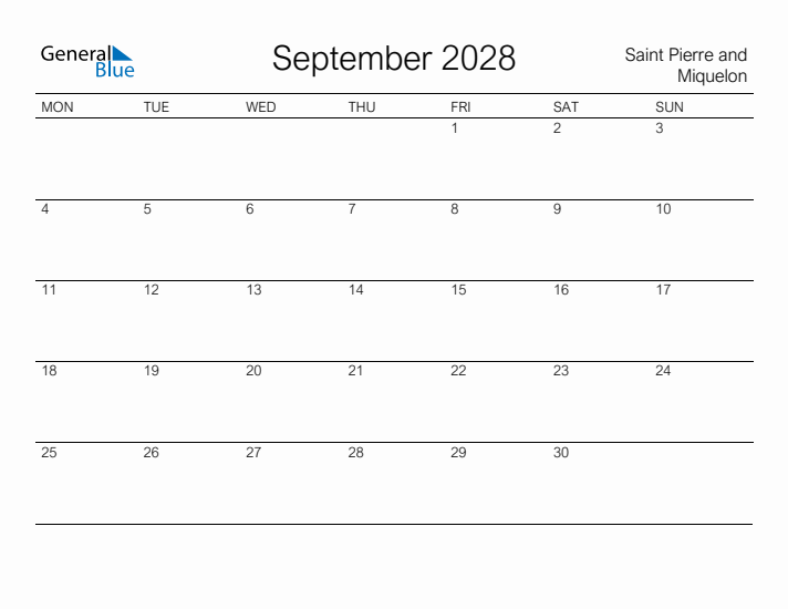 Printable September 2028 Calendar for Saint Pierre and Miquelon
