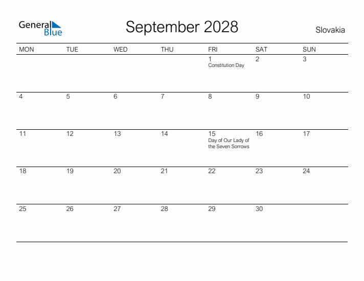 Printable September 2028 Calendar for Slovakia