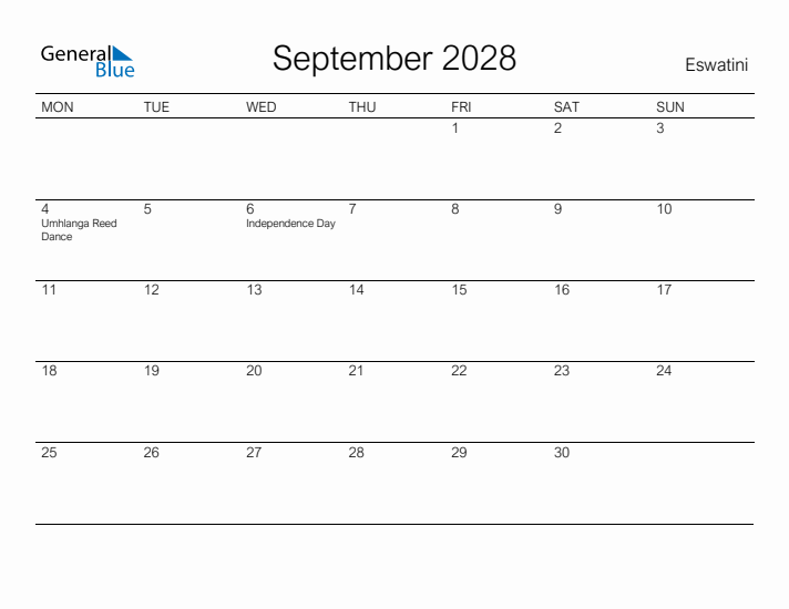 Printable September 2028 Calendar for Eswatini