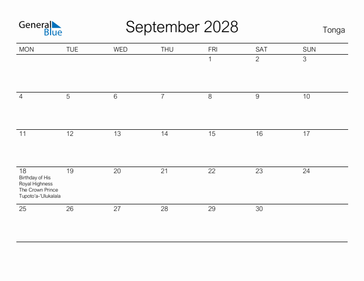 Printable September 2028 Calendar for Tonga