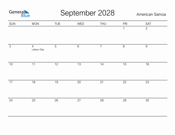 Printable September 2028 Calendar for American Samoa