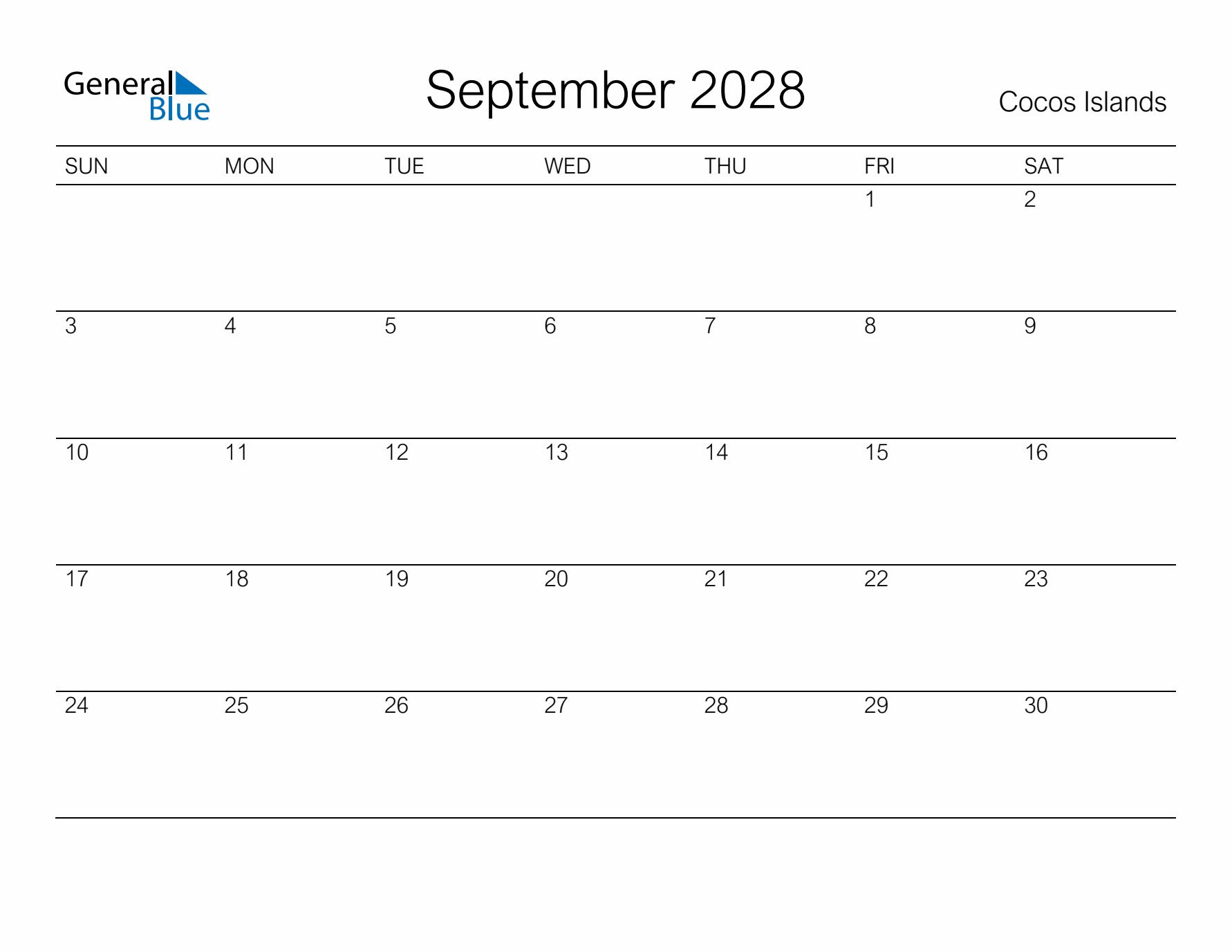 Printable September 2028 Calendar for Cocos Islands