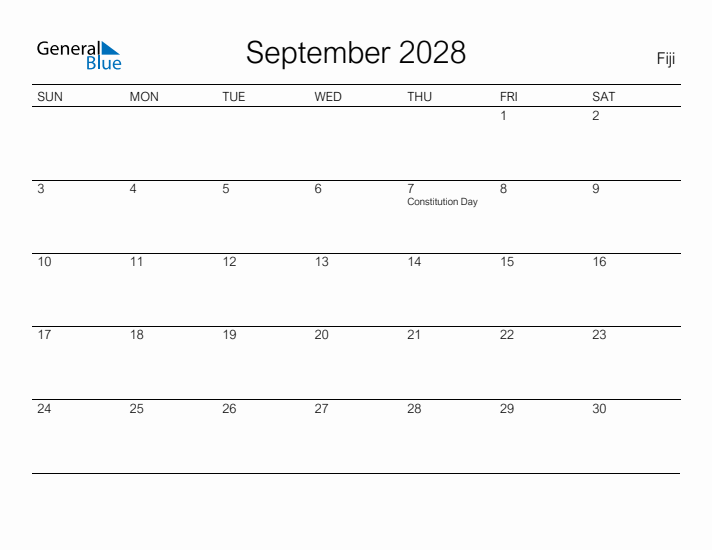 Printable September 2028 Calendar for Fiji