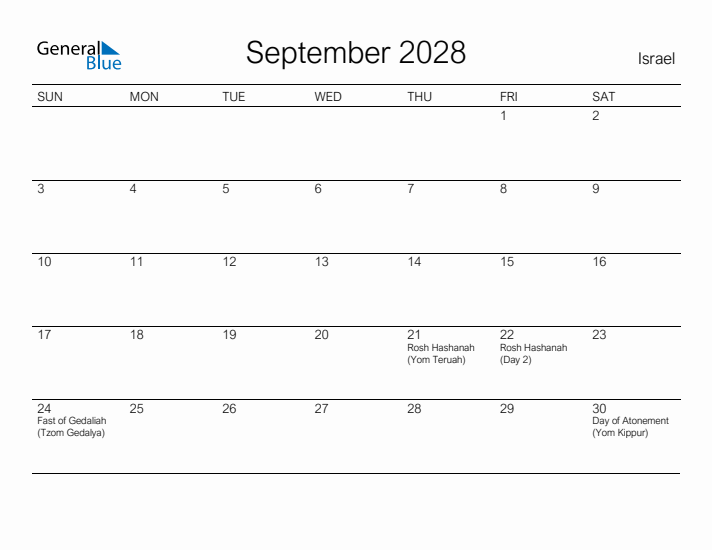 Printable September 2028 Calendar for Israel