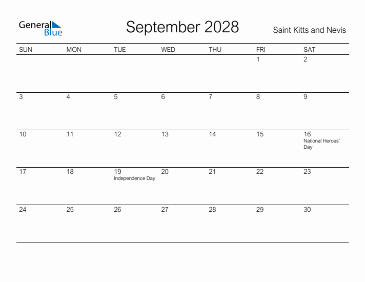 Printable September 2028 Calendar for Saint Kitts and Nevis