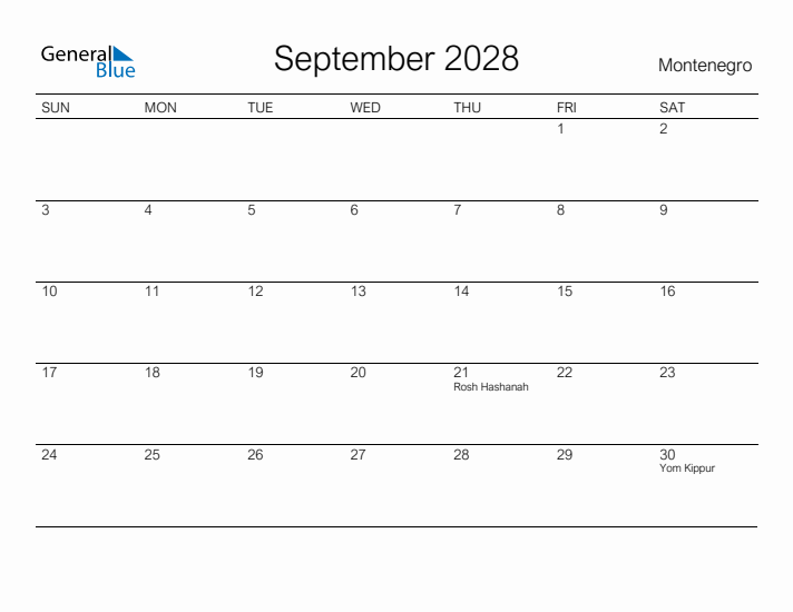 Printable September 2028 Calendar for Montenegro