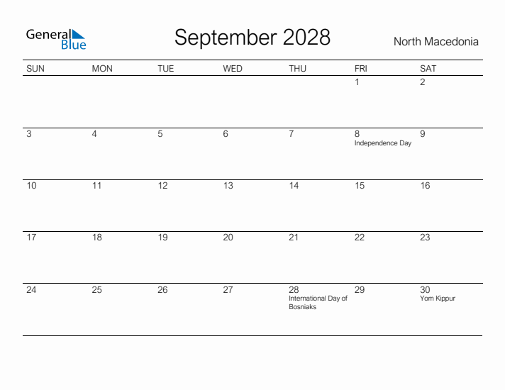 Printable September 2028 Calendar for North Macedonia