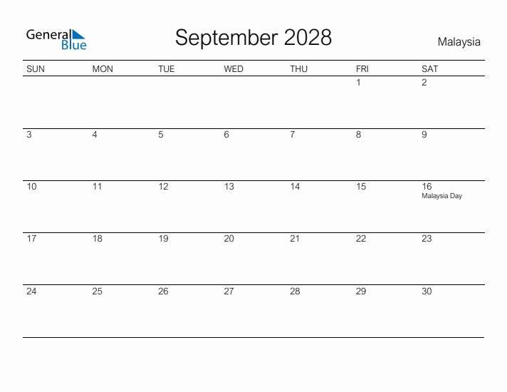 Printable September 2028 Calendar for Malaysia