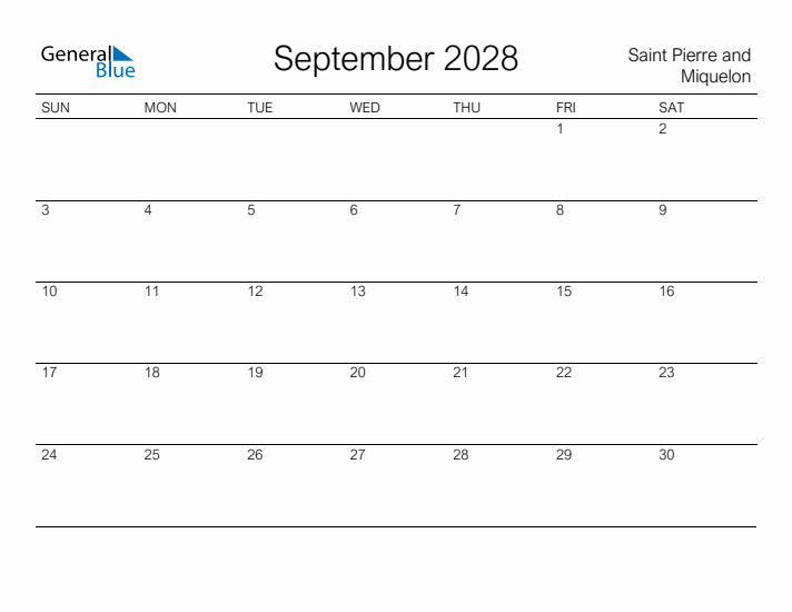 Printable September 2028 Calendar for Saint Pierre and Miquelon