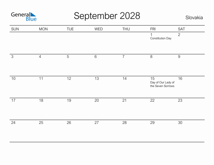 Printable September 2028 Calendar for Slovakia
