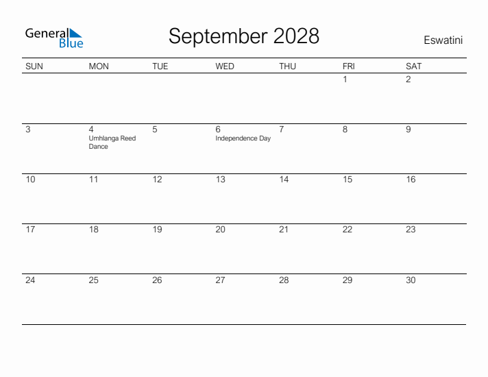 Printable September 2028 Calendar for Eswatini