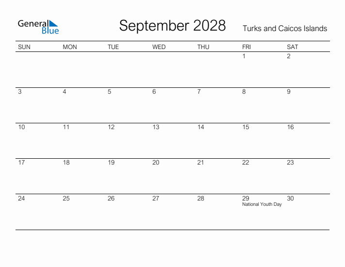 Printable September 2028 Calendar for Turks and Caicos Islands
