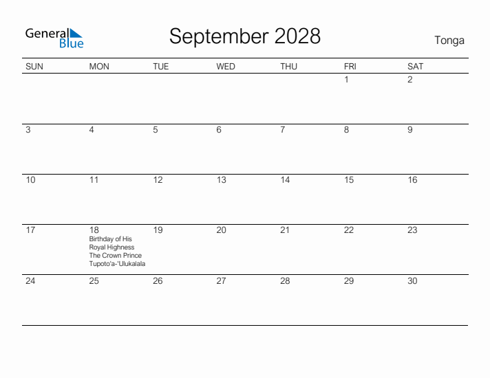 Printable September 2028 Calendar for Tonga