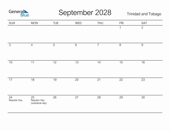Printable September 2028 Calendar for Trinidad and Tobago