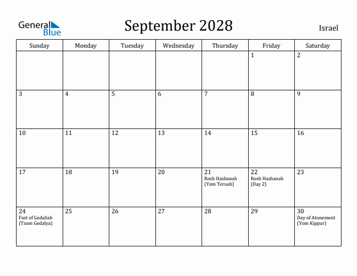 September 2028 Calendar Israel