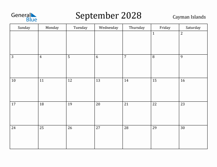 September 2028 Calendar Cayman Islands