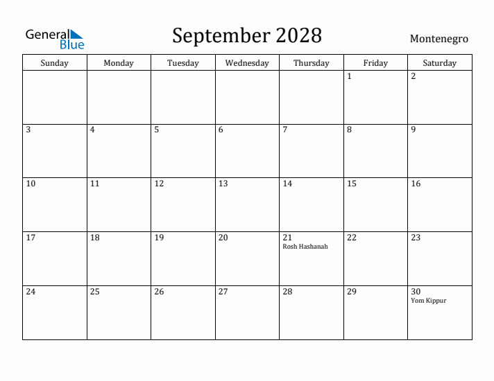 September 2028 Calendar Montenegro