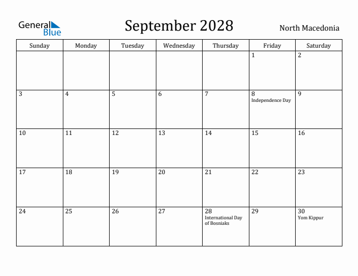 September 2028 Calendar North Macedonia