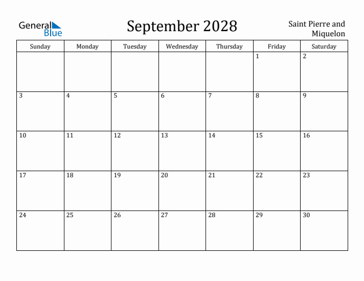 September 2028 Calendar Saint Pierre and Miquelon
