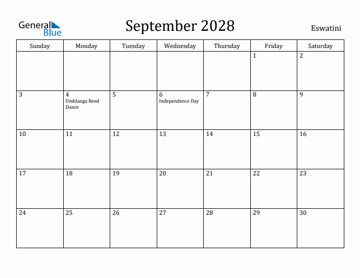 September 2028 Calendar Eswatini