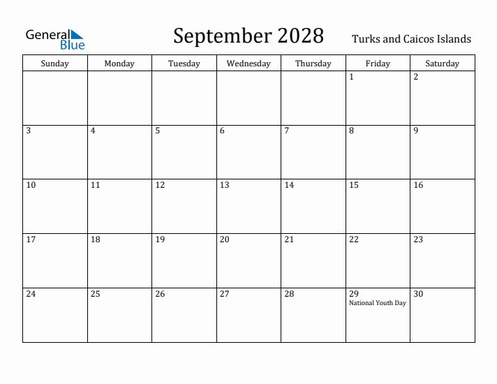 September 2028 Calendar Turks and Caicos Islands