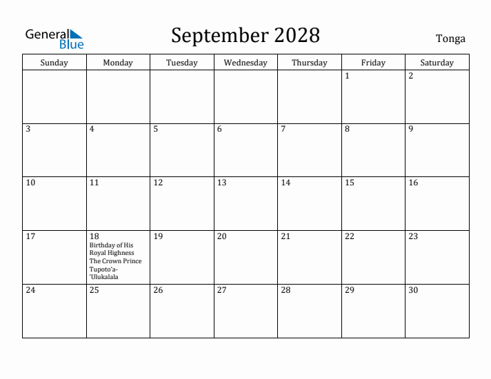 September 2028 Calendar Tonga